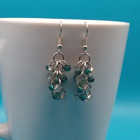 Shaggy Loops Chainmaille Earrings - clear and teal beads x2