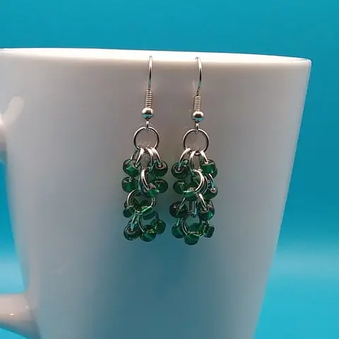 Shaggy Loops Chainmaille Earrings - silver-lined emerald beads x2