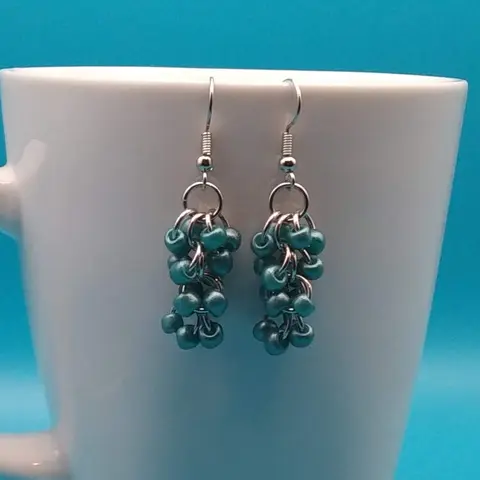 Shaggy Loops Chainmaille Earrings - metallic teal beads x2