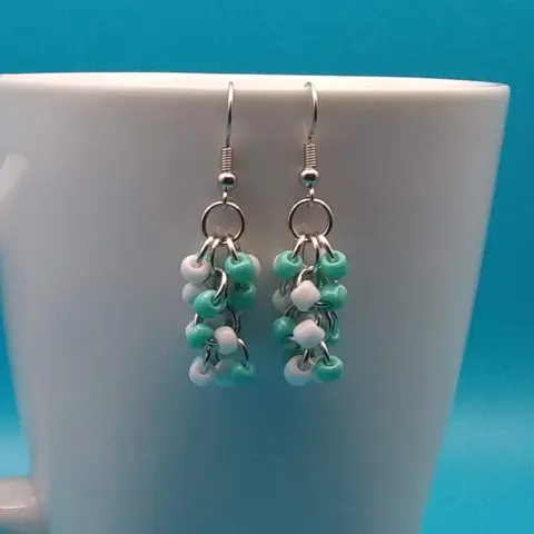 Shaggy Loops Chainmaille Earrings - white and turquoise beads x2