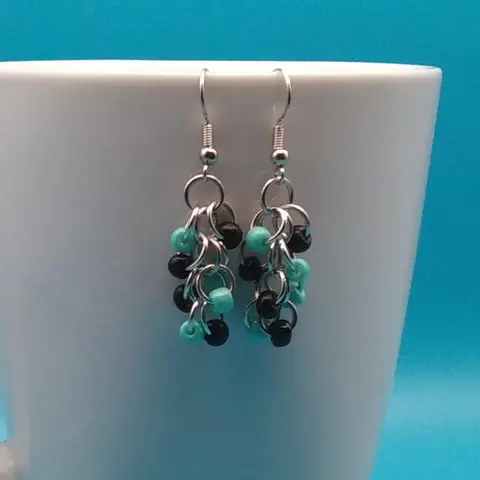 Shaggy Loops Handmade Chainmaille Earrings - Black/Turquoise Beads