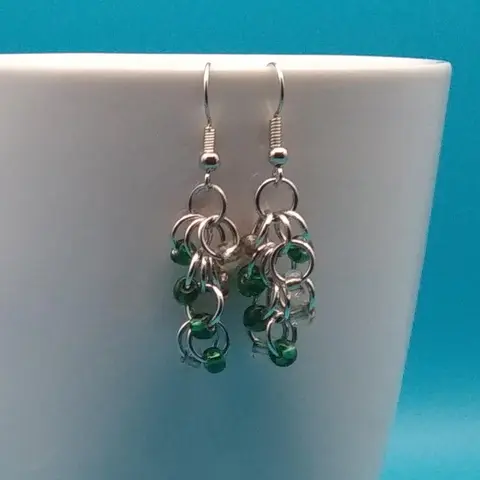 Shaggy Loops Chainmaille Earrings - clear and emerald beads