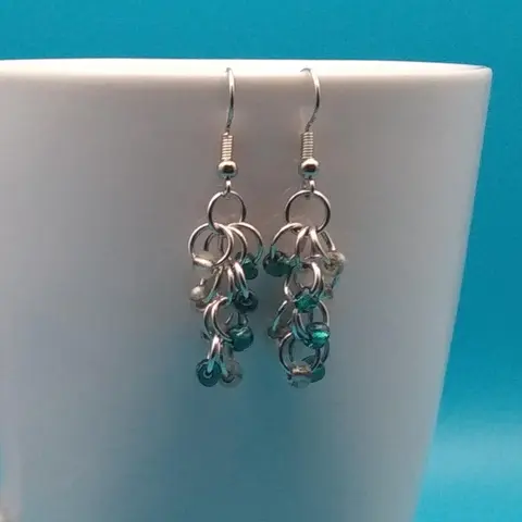 Shaggy Loops Chainmaille Earrings - clear and teal beads