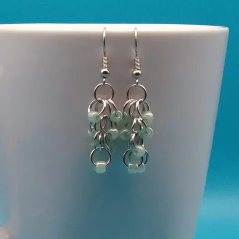 Shaggy Loops Chainmaille Earrings - green beads