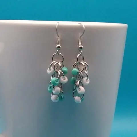 Shaggy Loops Chainmaille Earrings - white and turquoise beads