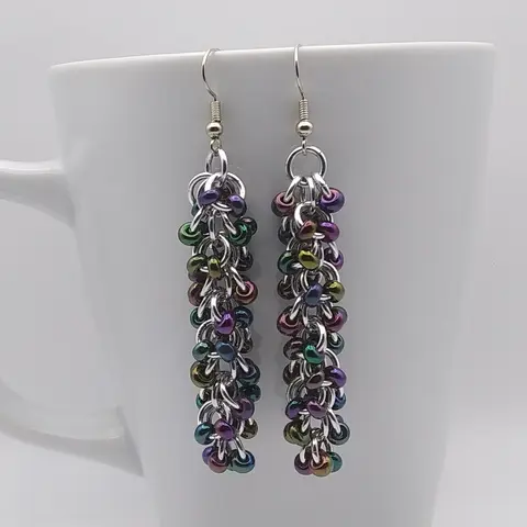 Shaggy Loops 3" Chainmaille Earrings - 2x dark rainbow beads