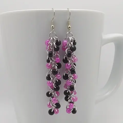 Shaggy Loops 3" Chainmaille Earrings - black and rose beads