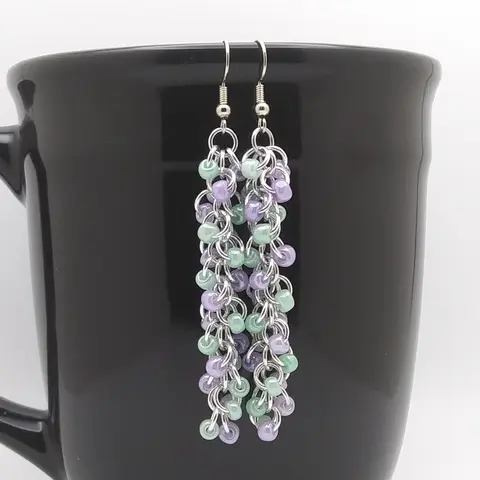 Shaggy Loops 3" Chainmaille Earrings - purple and green beads