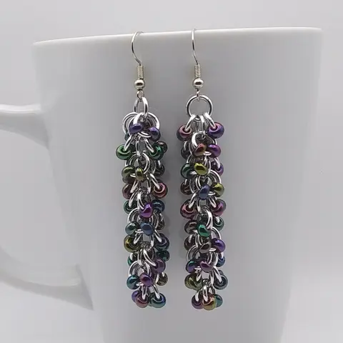 Shaggy Loops 3" Handmade Chainmaille Earrings - 2x Dark Rainbow Beads