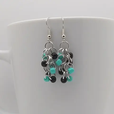 Shaggy Loops Handmade Chainmaille Earrings - Black/Turquoise Beads