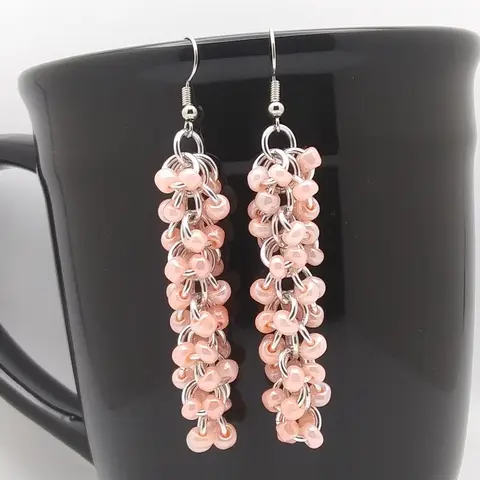 Shaggy Loops 3" Handmade Chainmaille Earrings - 2x Coral Beads