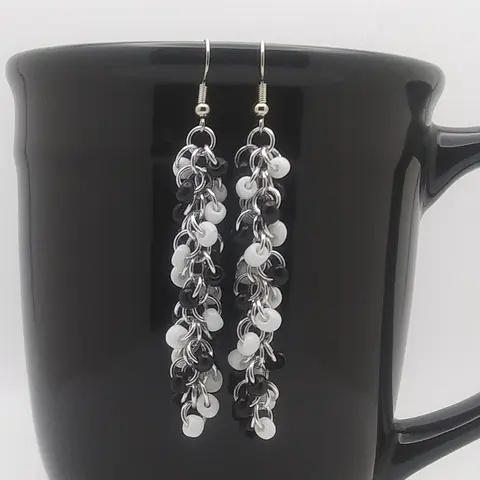 Shaggy Loops 3" Handmade Chainmaille Earrings - Black and White Beads