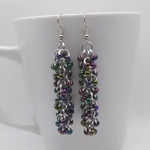 Shaggy Loops 3" Chainmaille Earrings - 2x dark rainbow beads